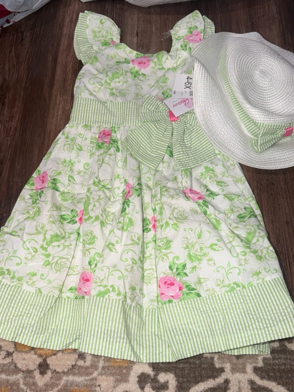 Gymboree White Floral Dress with Green Stripes and Pink Roses